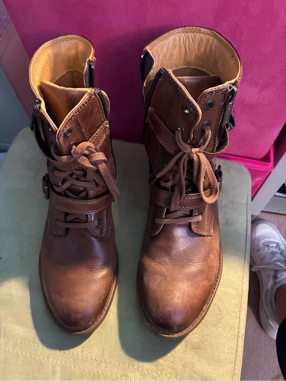 bussola Brown Leather Lace-Up Combat Boots with Buckle Detail
